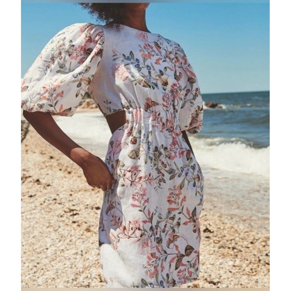 Cara Cara Bonnie Dress Floral Linen Puff Sleeve Mini Dress Size 6